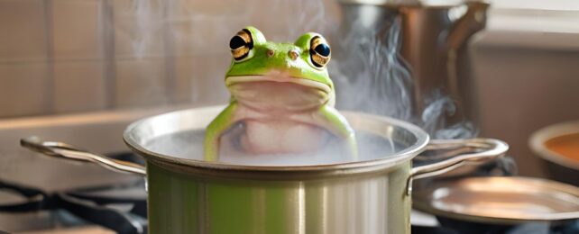 AI generated photo-like image of a frog sitting in a pot of steaming water