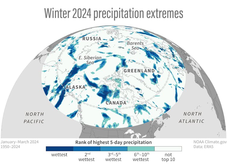 A maps shows that several regions of the Arctic had their highest precipitation on record, or near record, in winter 2024.