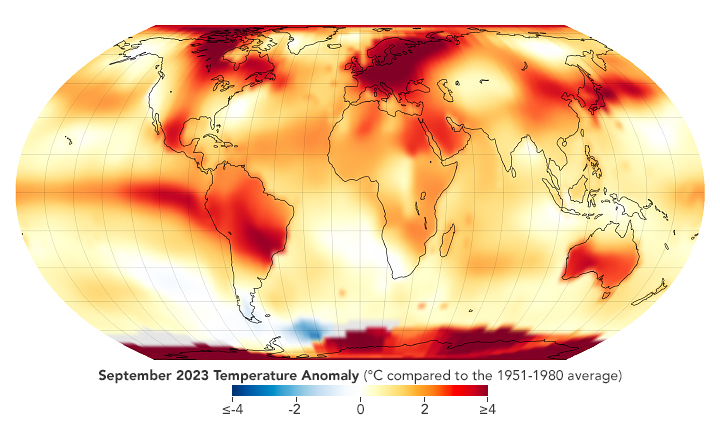 Map of globe showing temperature anomalies for September 2023 