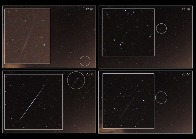 four images of geminids captured in 2014