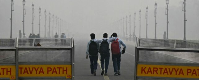 Three children wearing backpacks, walking into smog