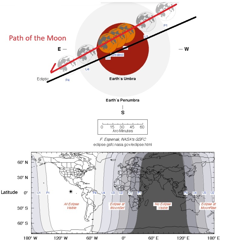 The path and visibility of the March total lunar eclipse. credit: NASA/GSFC/Fred Espenak.