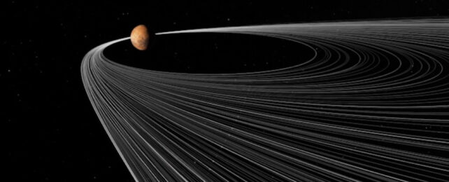 white lines describing the orbits of moons around mars