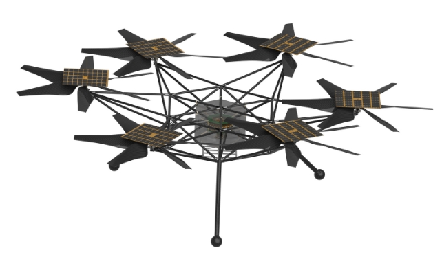 An illustration of a contraption with six propellers