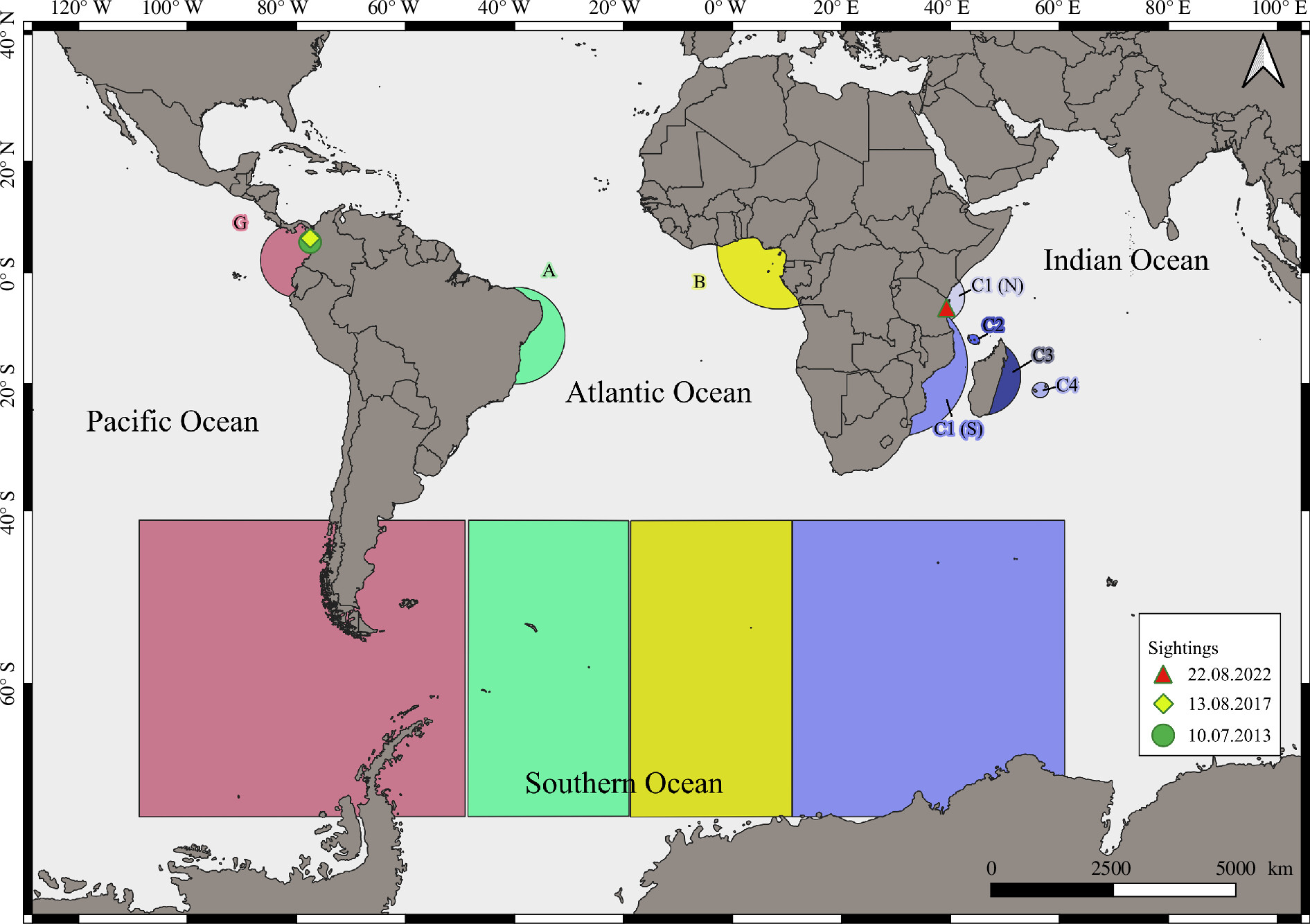 A world map showing sighting locations of the male humpback whale between the breeding grounds.