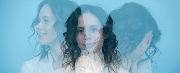 A women triple exposed with different emotions