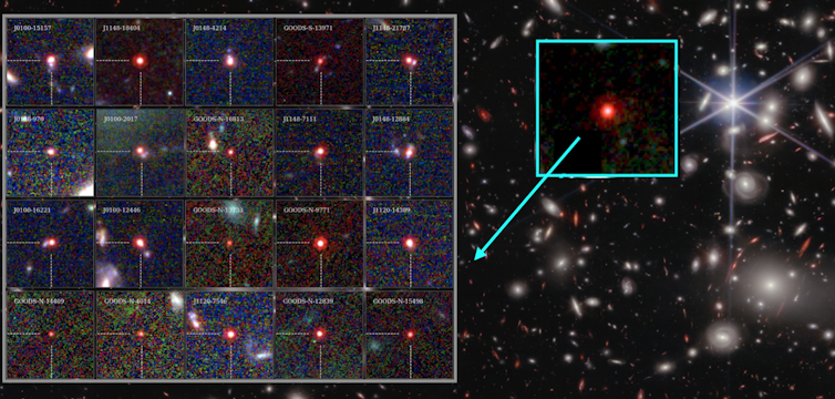 An image of galaxies with several red ones highlighted in a series of boxes.